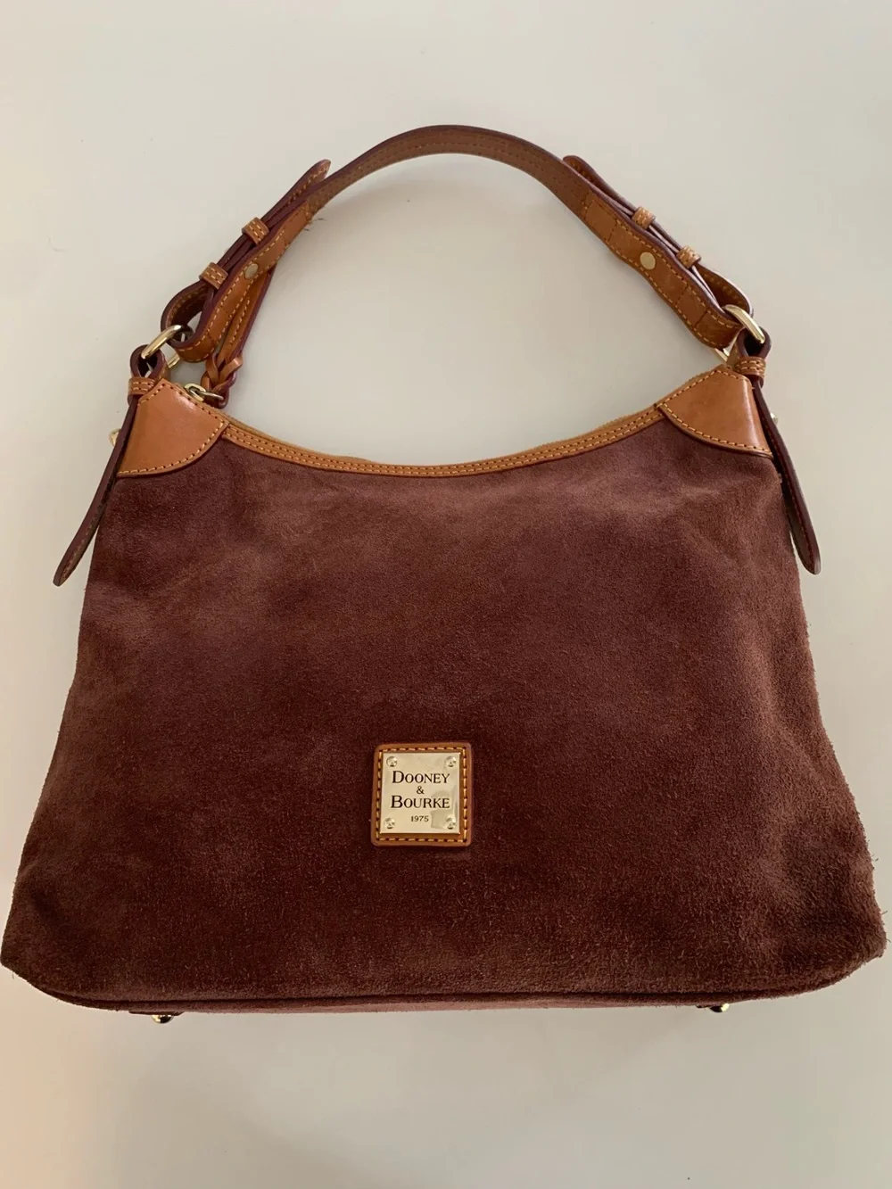 Dooney & Bourke Suede Leather Shoulder Hobo Bag, Brown Wine Slouch Tan Trim - Picture 3 of 14